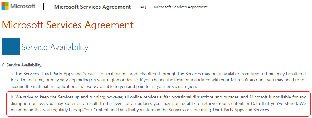microsoft service agreement cloud backup